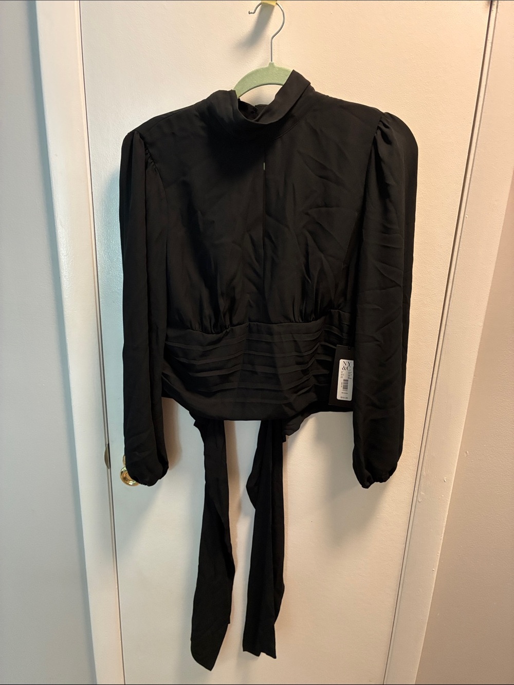New York & Company Black High-Neck Long Sleeve Tie-Back Blouse